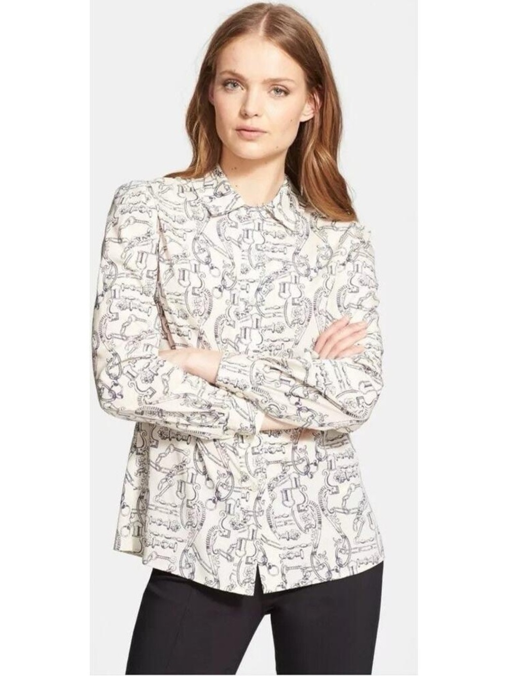 Tory Burch Ivory Button-Down Shirt with Black Chain Print